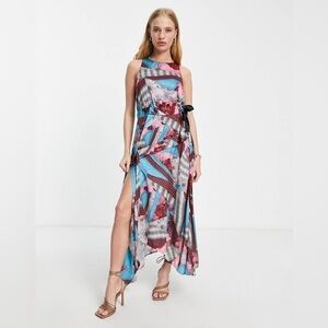 Topshop NWT Cut Print Tie Midi Belted Dress in Multi Size 10 in Satiny Material